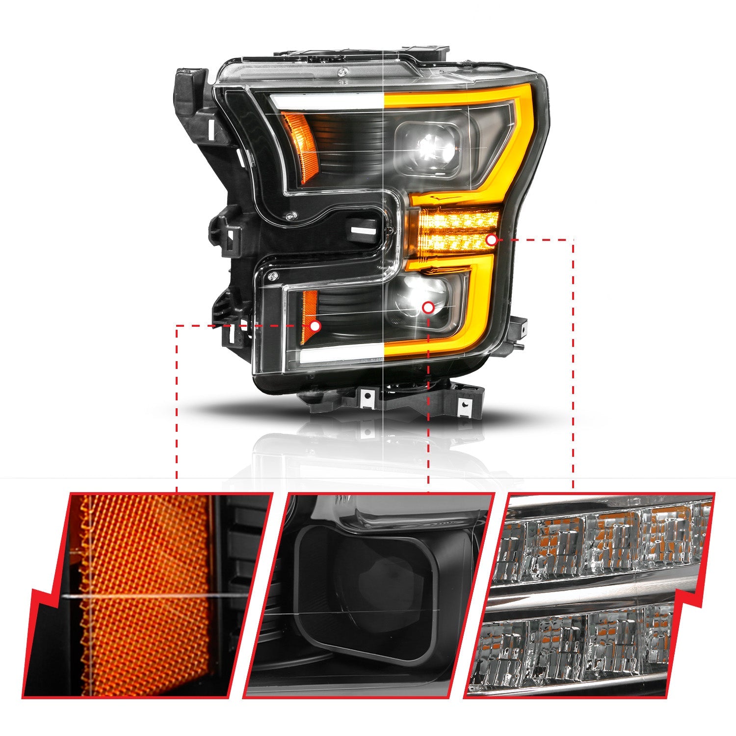 FORD F-150 15-17 FULL LED PROJECTOR PLANK STYLE HEADLIGHTS BLACK W/ INITIATION & SEQUENTIAL (FITS HALOGEN MODELS ONLY)