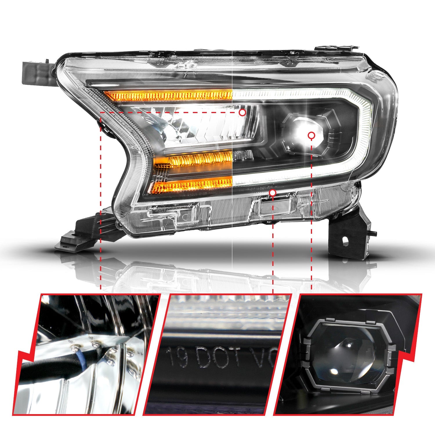 FORD RANGER 19-23 FULL LED PROJECTOR HEADLIGHTS BLACK W/ INITIATION & SEQUENTIAL (FOR FACTORY HALOGEN MODEL)
