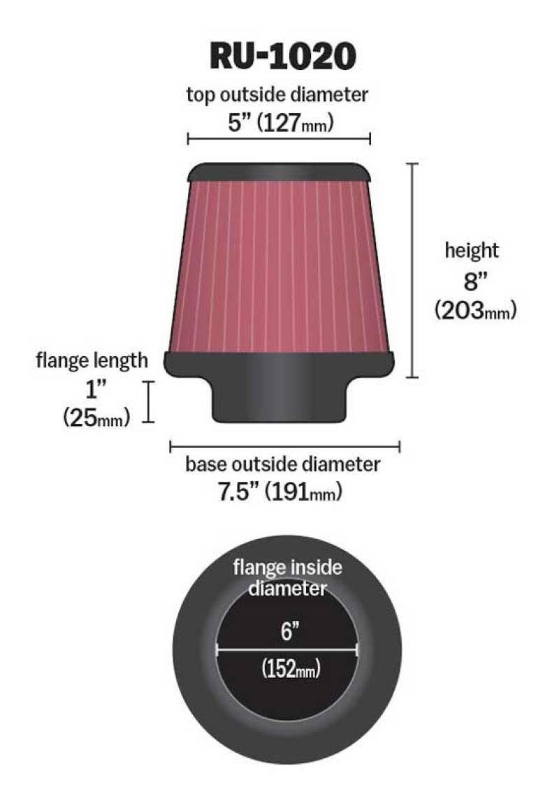K&N Universal Tapered Filter 6in Flange ID x 7.5in Base OD x 5in Top OD x 8in Height-SR1 Performance