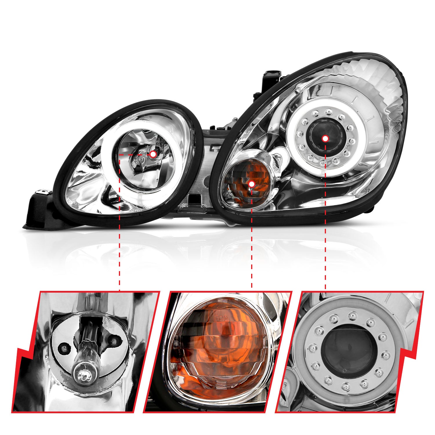 LEXUS GS 300/400/430 98-05 PROJECTOR HEADLIGHTS CHROME W/ RX HALO (NOT FOR FACTORY HID MODELS)