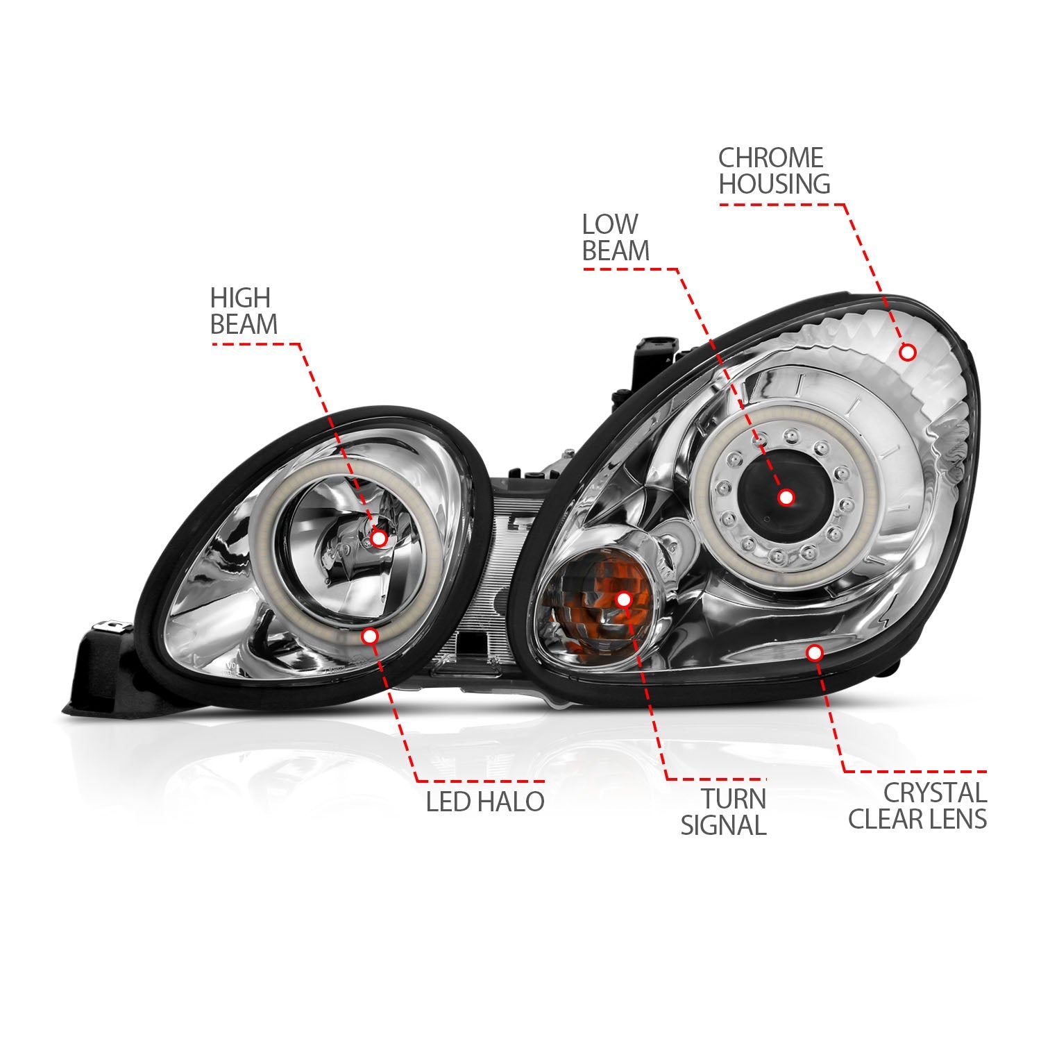 LEXUS GS 300/400/430 98-05 PROJECTOR HEADLIGHTS CHROME W/ RX HALO (NOT FOR FACTORY HID MODELS)