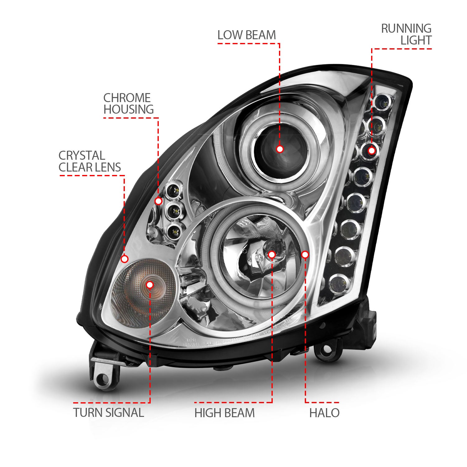 INFINITI G35 03-07 2DR PROJECTOR HEADLIGHTS CHROME W/ RX HALO (FOR HID, HID KIT NOT INCLUDED)