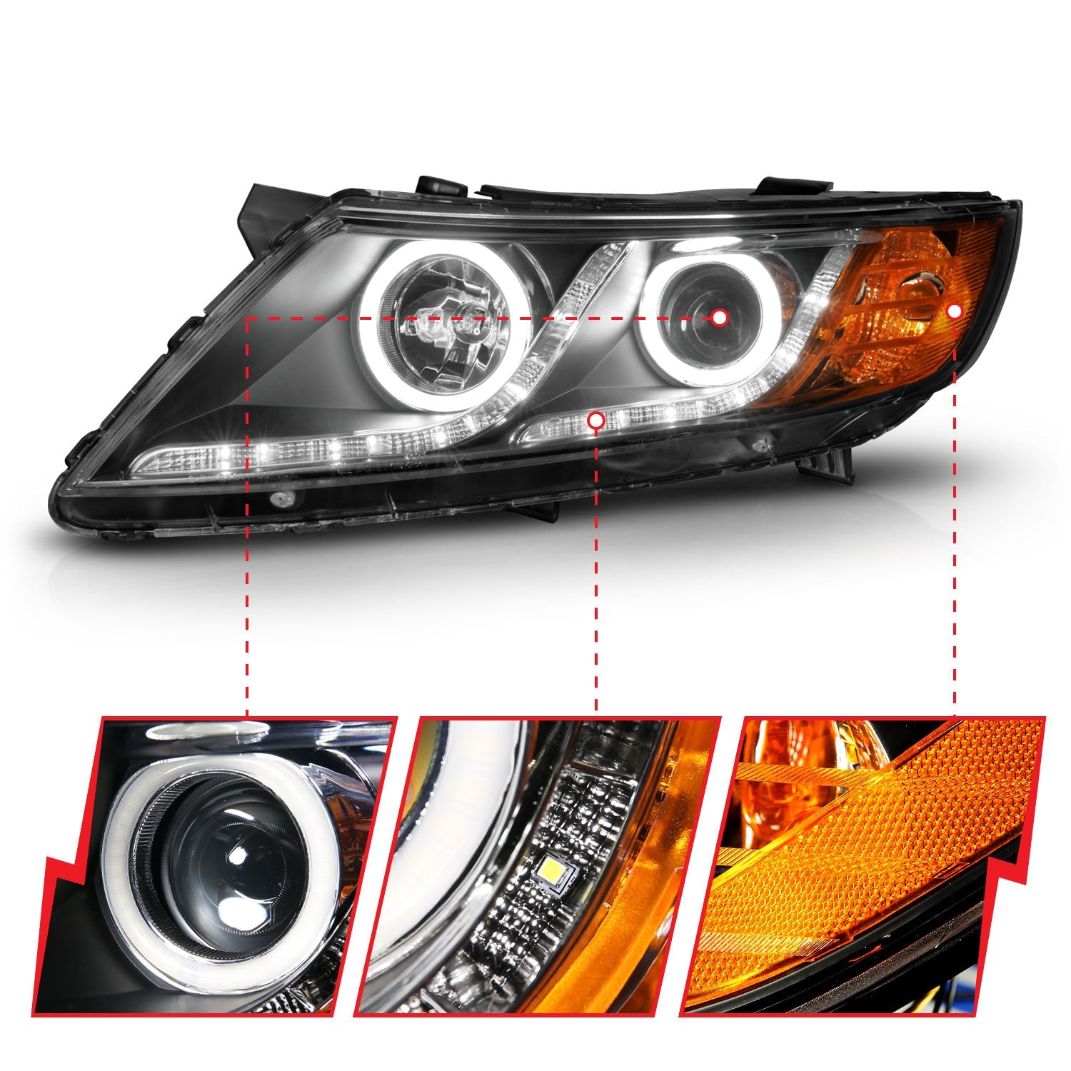 KIA OPTIMA 11-15 PROJECTOR HEADLIGHTS BLACK W/ RX HALO (FOR HALOGEN MODELS ONLY)