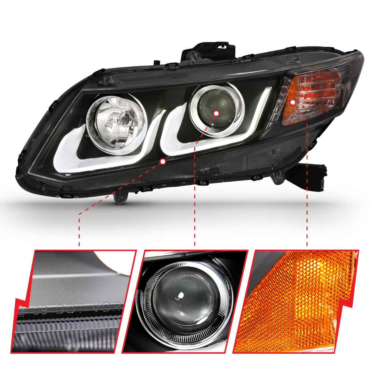 HONDA CIVIC 2 DR 12-13 / 4 DR 12-15 PROJECTOR HEADLIGHTS U-BAR BLACK CLEAR