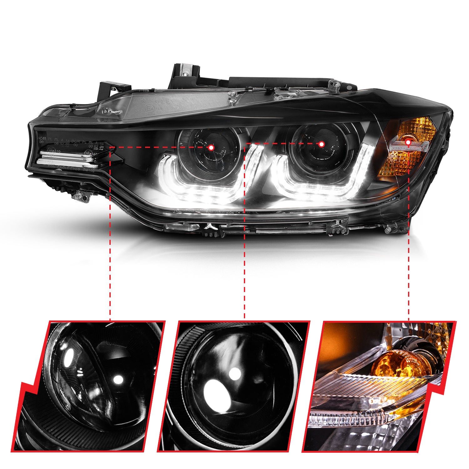 BMW 3 SERIES F30 4DR 12-15 PROJECTOR U-BAR HEADLIGHTS BLACK (FOR HALOGEN MODEL)