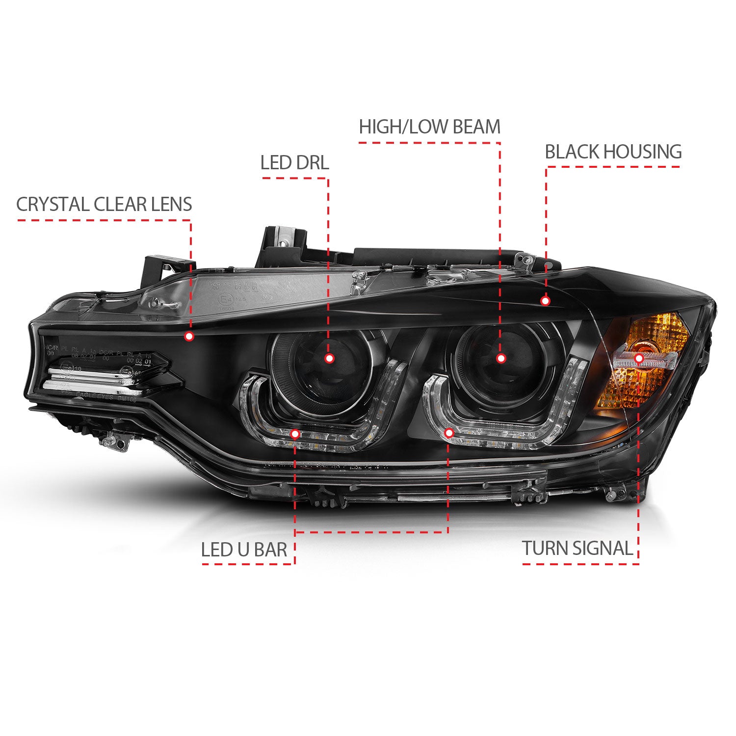 BMW 3 SERIES F30 4DR 12-15 PROJECTOR U-BAR HEADLIGHTS BLACK (FOR HALOGEN MODEL)