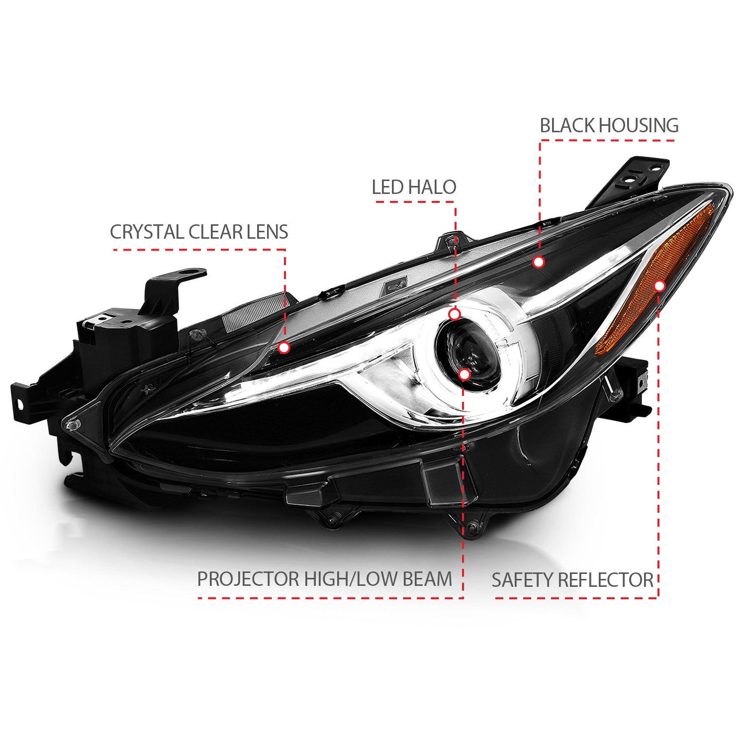 MAZDA 3 14-16 PROJECTOR HALO HEADLIGHTS BLACK (FOR HALOGEN MODELS ONLY)
