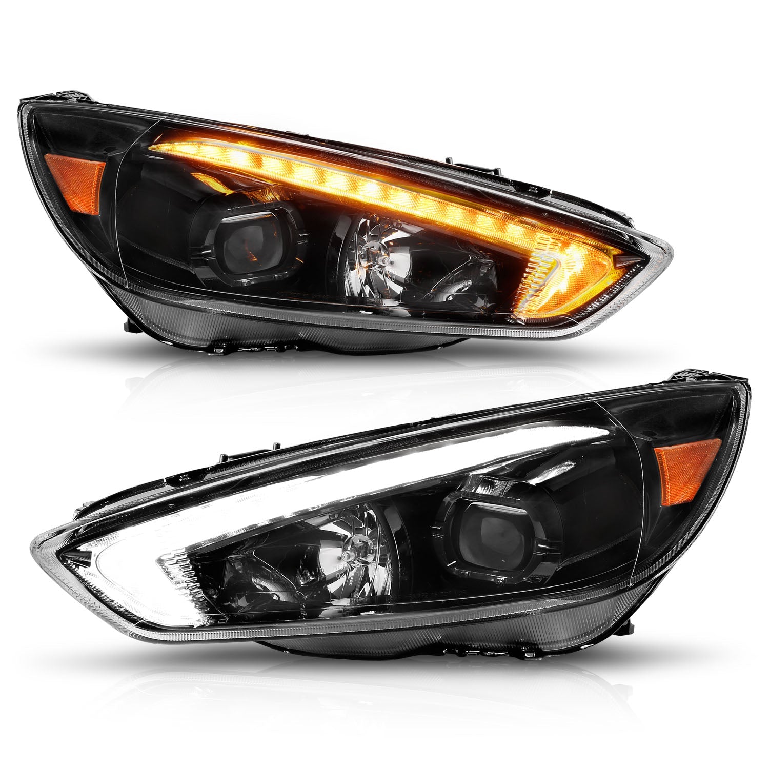 FORD FOCUS 15-18 PROJECTOR SWITCHBACK PLANK STYLE HEADLIGHTS BLACK W/ DRL (FOR HALOGEN MODEL ONLY)