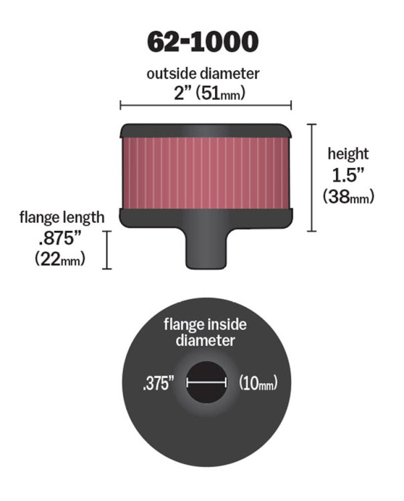 K&N Steel Base Crankcase Vent Filter 0.375in Vent OD x 2in OD x 1.5in Height-SR1 Performance