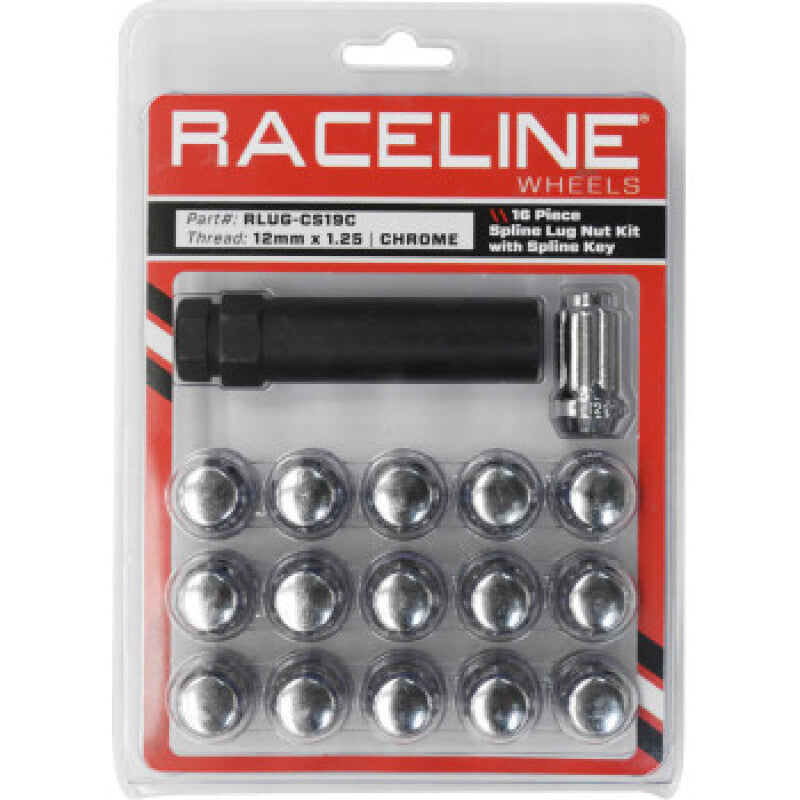 Raceline Spline Lug Nut Kit with Spline Key 12 x 1.25 - Chrome (16 Pack) for Powersports Vehicles