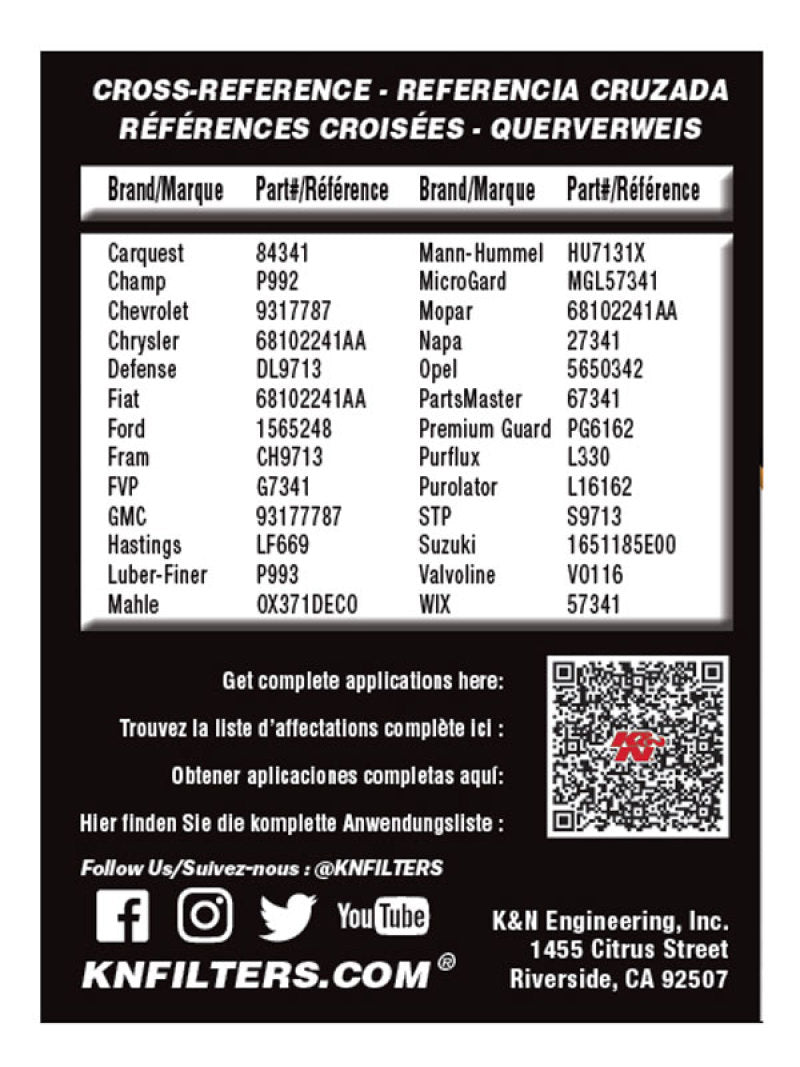 K&N Performance Oil Filter - 14-18 Fiat 500L 1.4L L4 Gas-SR1 Performance