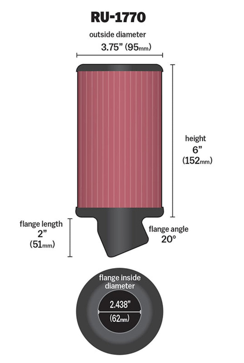 K&N Filter Universal Rubber Filter 2 7/16 inch 20 Degree Flange 3 3/4 inch OD 6 inch Height-SR1 Performance