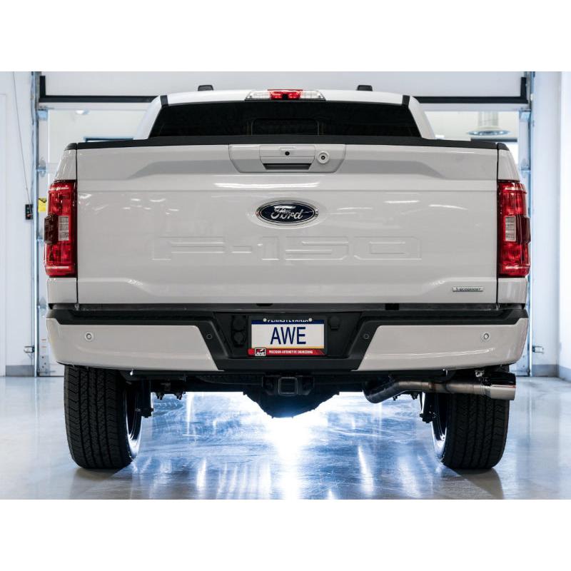 AWE 0FG 21+ Ford F150 Dual Side Exit Cat-Back Exhaust- 4.5in Chrome Silver Tips