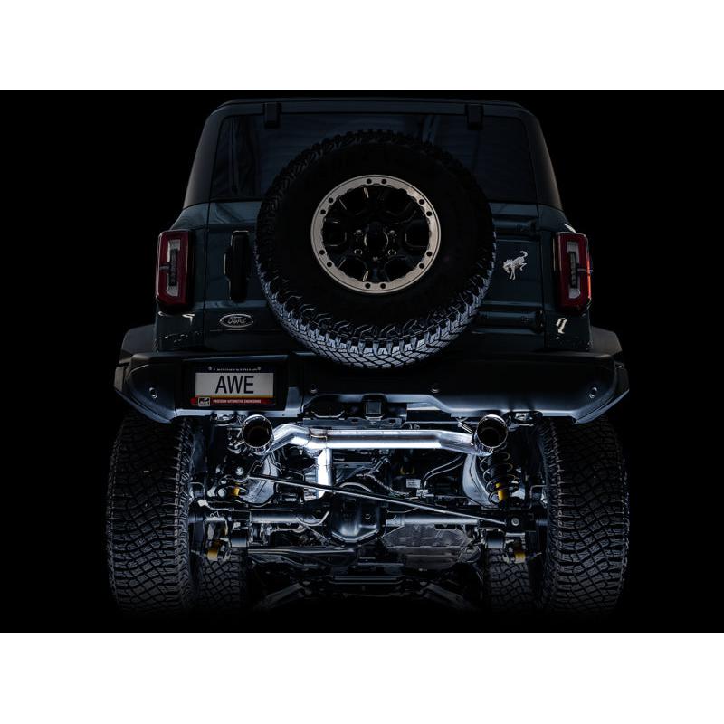 AWE Tuning 2021+ Ford Bronco 0FG Dual Rear Exit Exhaust w/Diamond Black Tips & Bash Guard