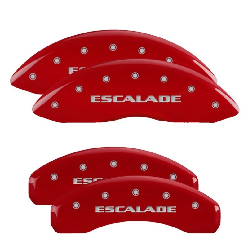 MGP 4 Caliper Covers for 2021-2024 Cadillac Escalade with Red Finish and Engraved Silver Text