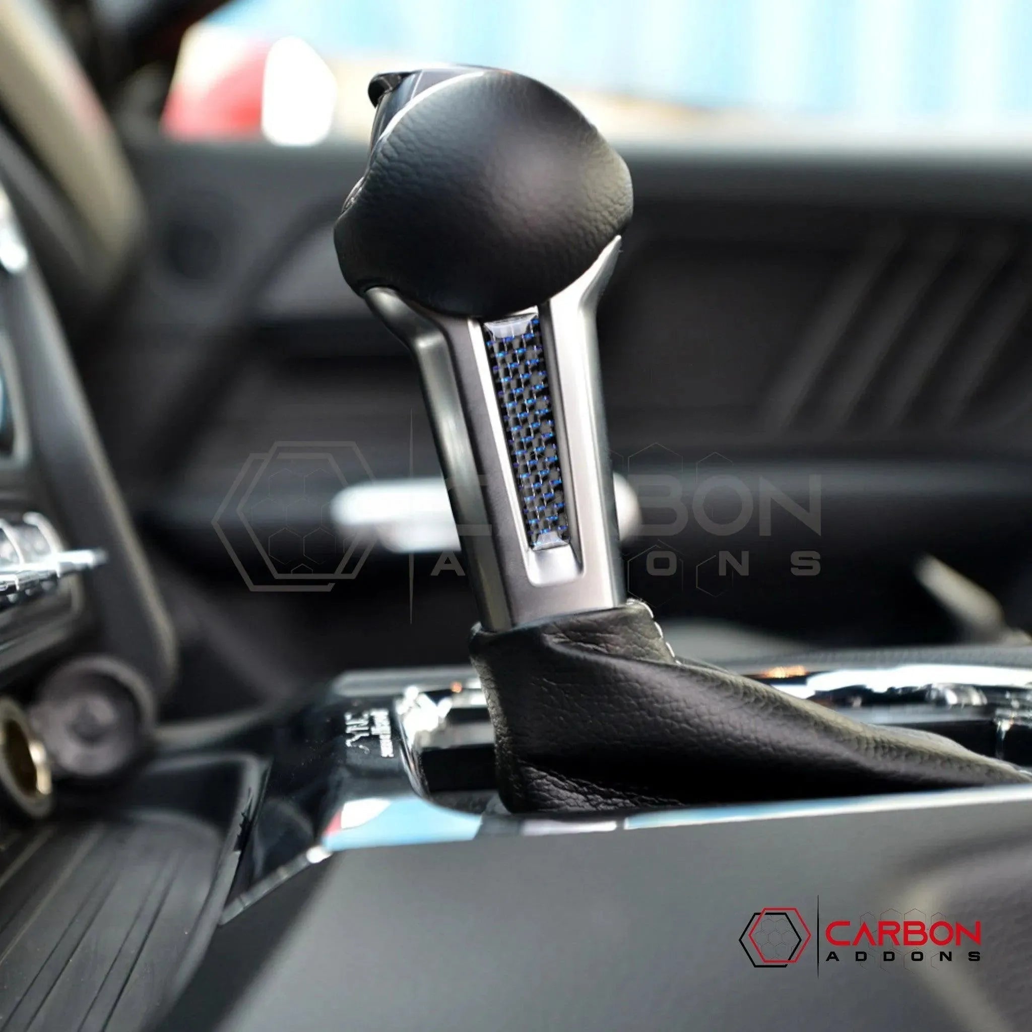 2015-2023 Mustang Reflective Carbon Fiber Shift Knob Side Trim Overlay - carbonaddons Carbon Fiber Parts, Accessories, Upgrades, Mods