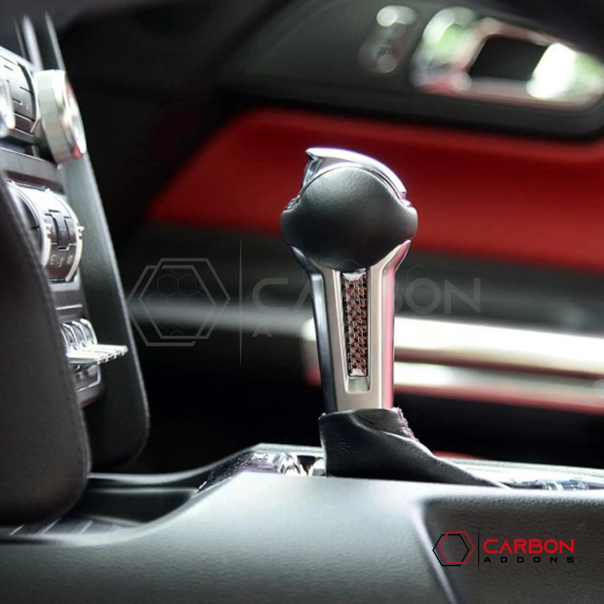 2015-2023 Mustang Reflective Carbon Fiber Shift Knob Side Trim Overlay - carbonaddons Carbon Fiber Parts, Accessories, Upgrades, Mods