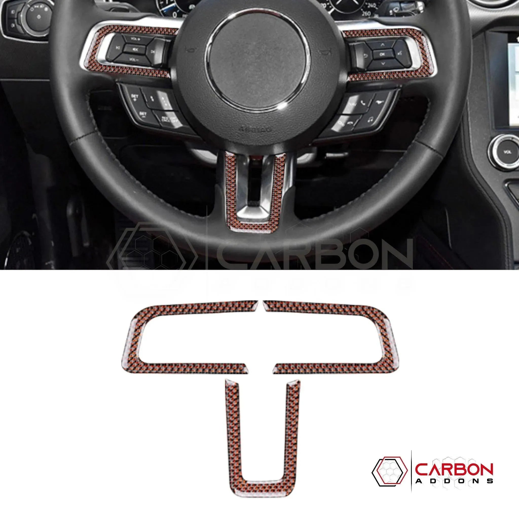 2015-2023 Mustang Reflective Carbon Fiber Steering Wheel Chrome Trim Overlay - carbonaddons Carbon Fiber Parts, Accessories, Upgrades, Mods