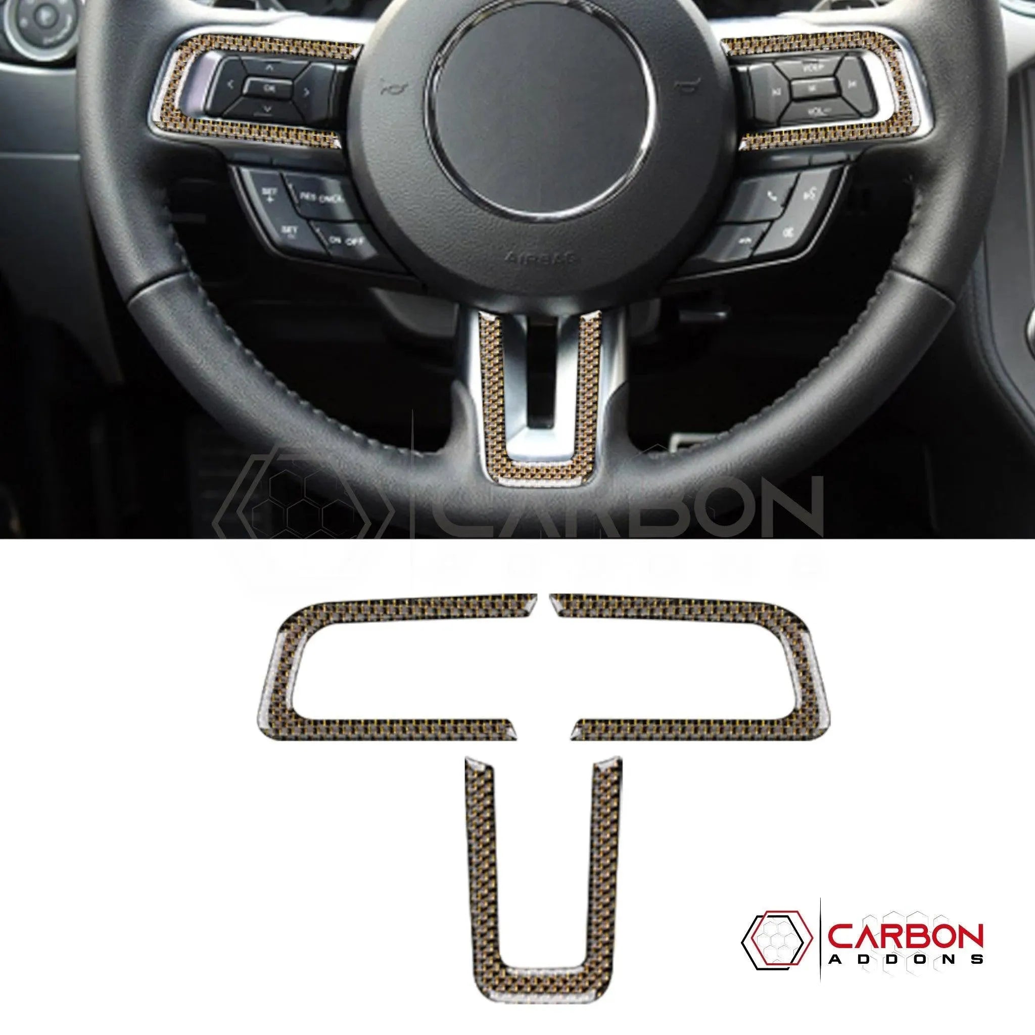 2015-2023 Mustang Reflective Carbon Fiber Steering Wheel Chrome Trim Overlay - carbonaddons Carbon Fiber Parts, Accessories, Upgrades, Mods
