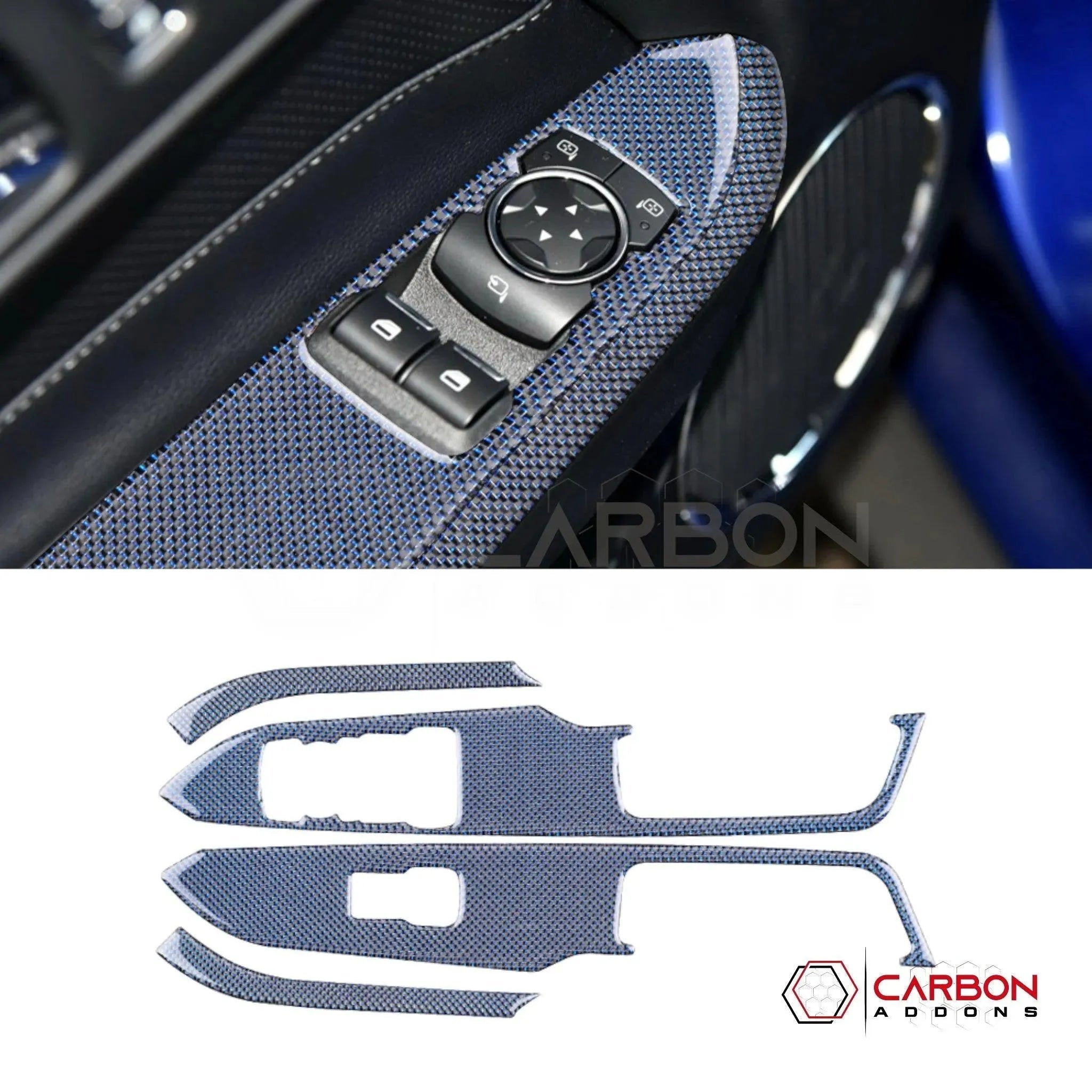 2015-2023 Mustang Reflective Carbon Fiber Window Switch Trim Overlay - carbonaddons Carbon Fiber Parts, Accessories, Upgrades, Mods