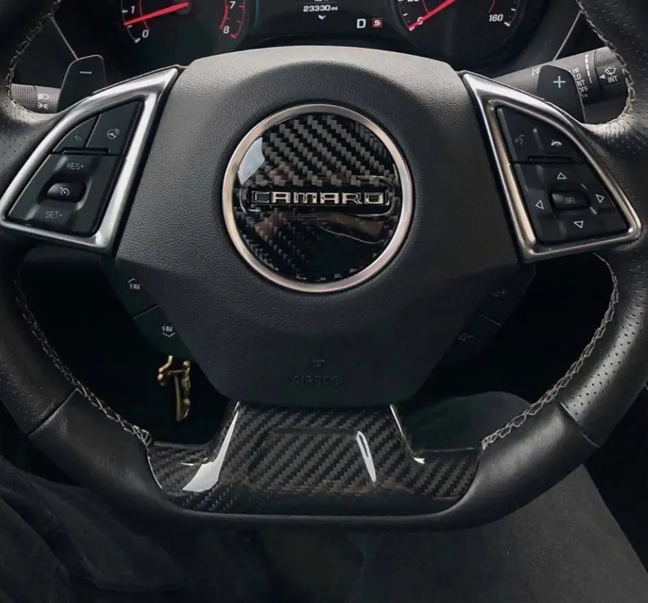 2016-2024 Camaro Carbon Fiber Lower Steering Wheel Emblem Trim Cover - carbonaddons Carbon Fiber Parts, Accessories, Upgrades, Mods