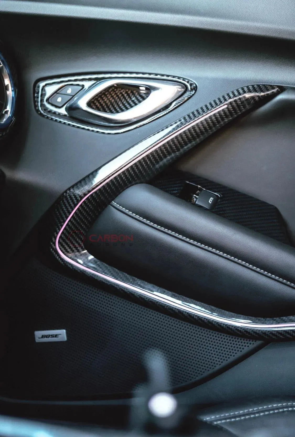 2016-2024 Camaro Real Carbon Fiber Interior Door Panel Chrome Trim Cover - carbonaddons Carbon Fiber Parts, Accessories, Upgrades, Mods