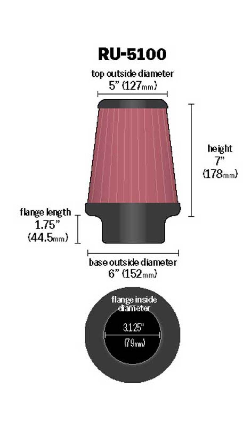 K&N Universal Clamp-On Air Filter 3-1/8in FLG / 6in B / 5in T / 7in H-SR1 Performance