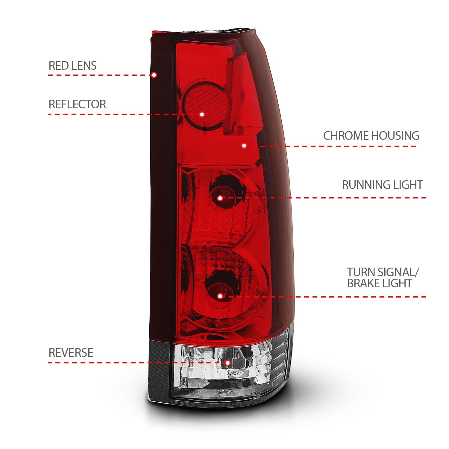 CHEVY/GMC C/K1500/2500 88-98 / C/K3500 88-00 / SUBURBAN 92-99 / BLAZER (FULL-SIZE) 92-94 / TAHOE 95-99 / YUKON 92-99 TAIL LIGHTS CHROME RED/CLEAR LENS G2
