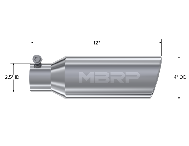 MBRP Universal Tip 4in OD 2.5in Inlet 12in Length Angled Cut Rolled End Clampless No-Weld T304-SR1 Performance