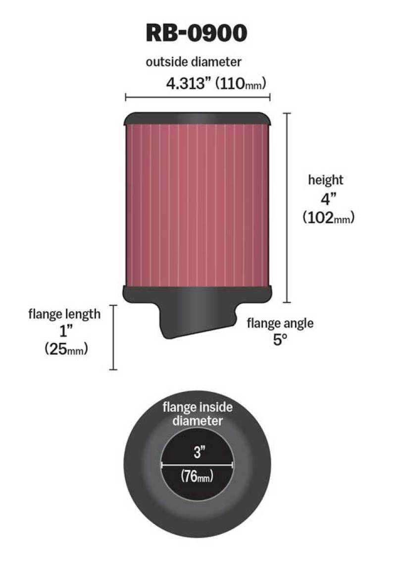 K&N Universal Rubber Filter 3 inch 5 Degree FLG 4 1/2 inch OD 4 inch Height-SR1 Performance