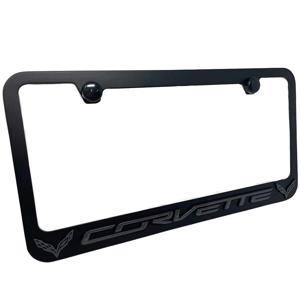 C7 Corvette License Plate Frame - Black with Dark Gray C7 Crossed Flags Logo (Black)