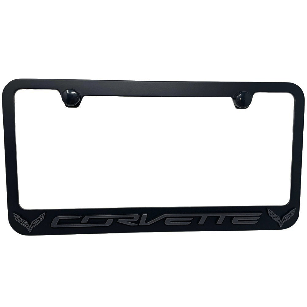 C7 Corvette License Plate Frame - Black with Dark Gray C7 Crossed Flags Logo (Black)