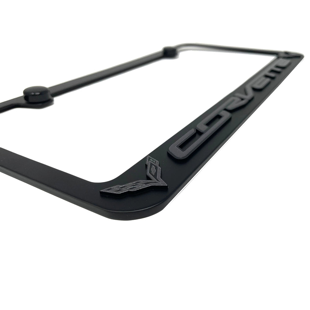 C7 Corvette License Plate Frame - Black with Dark Gray C7 Crossed Flags Logo (Black)