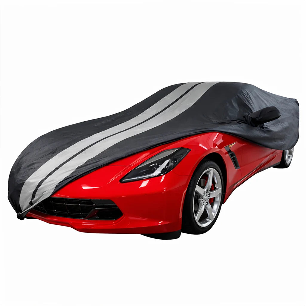 Corvette Ultraguard PEVA Car Cover - Indoor/Outdoor Waterproof Protection - Black W/ Gray Stripes : C7 2014-2019 Stingray, Z51, Z06, Grand Sport