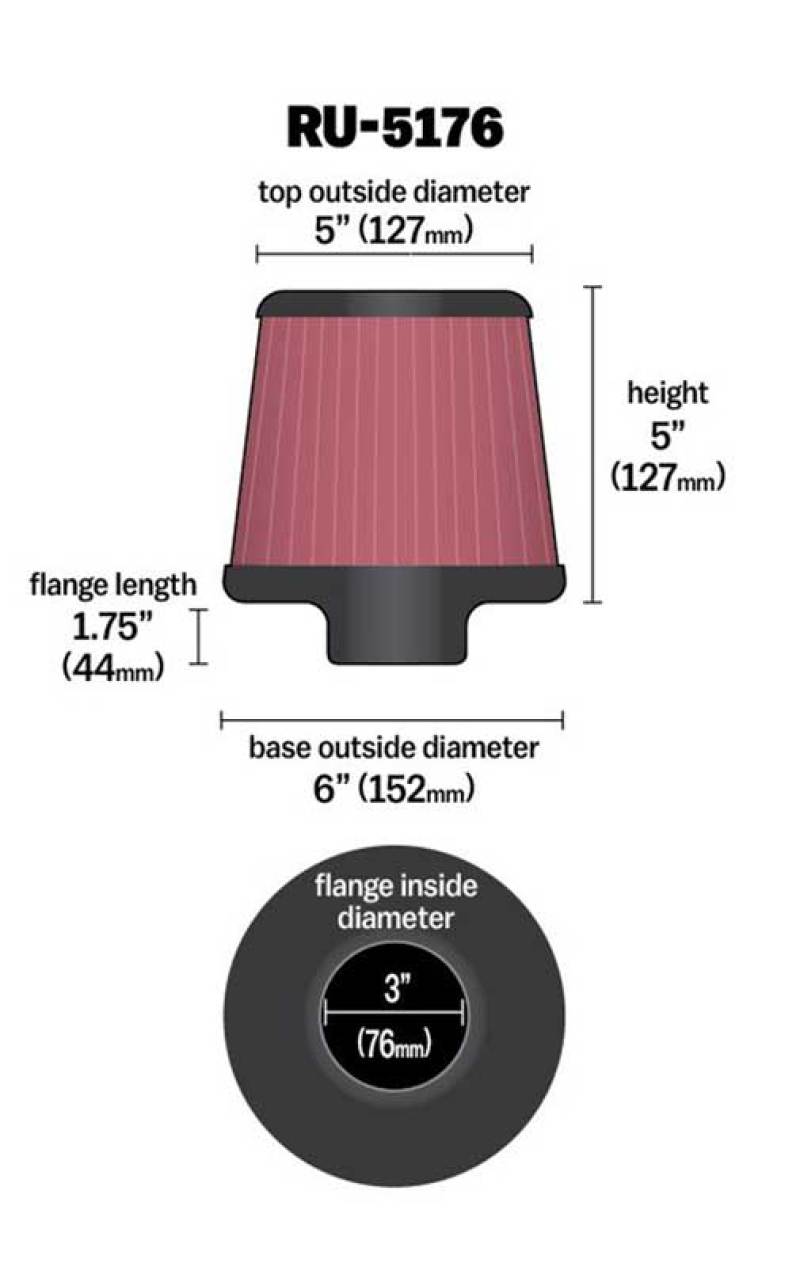 K&N Universal Rubber Filter-Round Tapered 3in Flange ID x 6in Base OD x 6in Top OD x 5in H-SR1 Performance