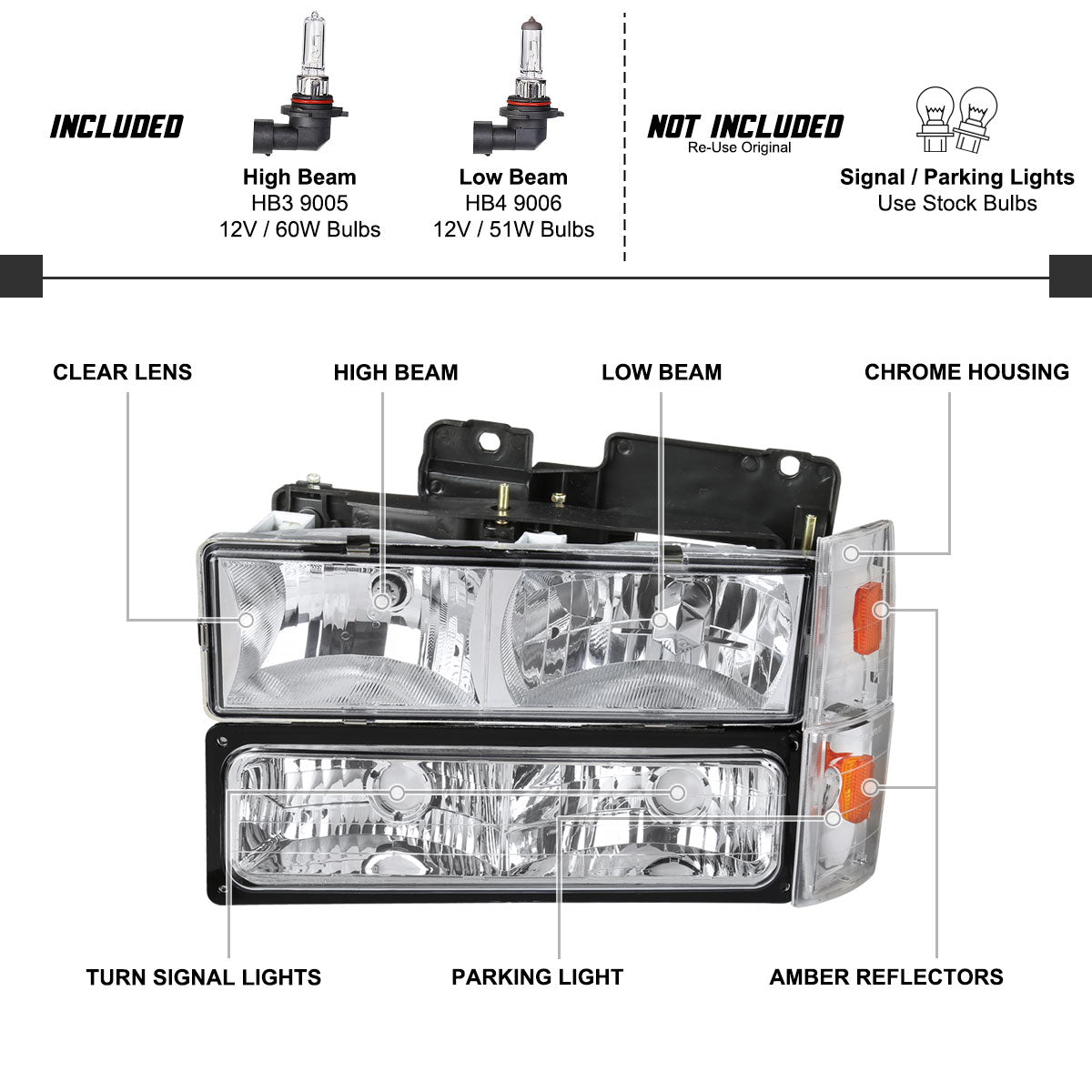 1988-1993 Chevrolet C/K Blazer/Tahoe/Silverado/Suburban GMC Sierra/Yukon Factory Style Headlights, Bumper Lights, & Corner Lights Set (Chrome Housing/Clear Lens)
