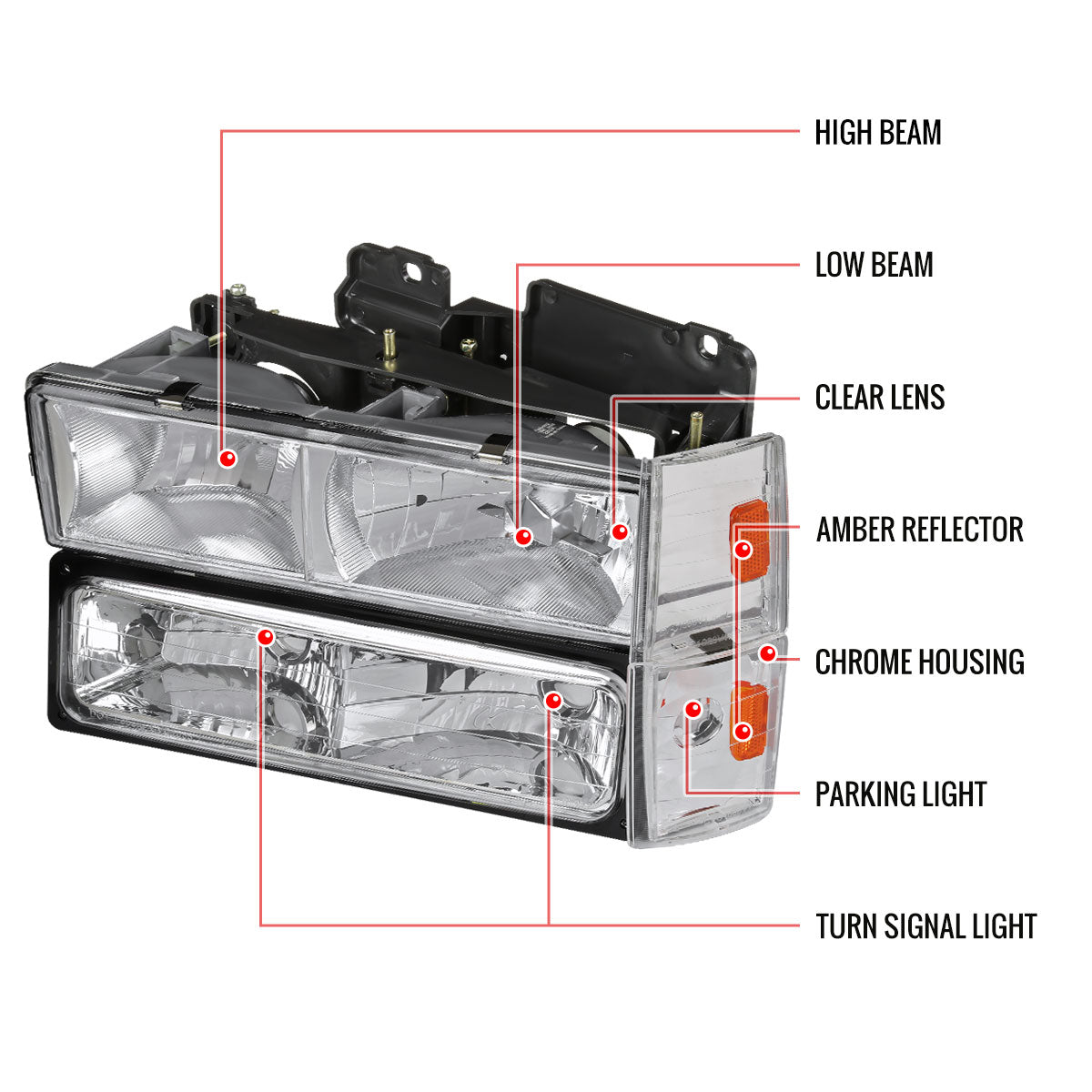 1988-1993 Chevrolet C/K Blazer/Tahoe/Silverado/Suburban GMC Sierra/Yukon Factory Style Headlights, Bumper Lights, & Corner Lights Set (Chrome Housing/Clear Lens)