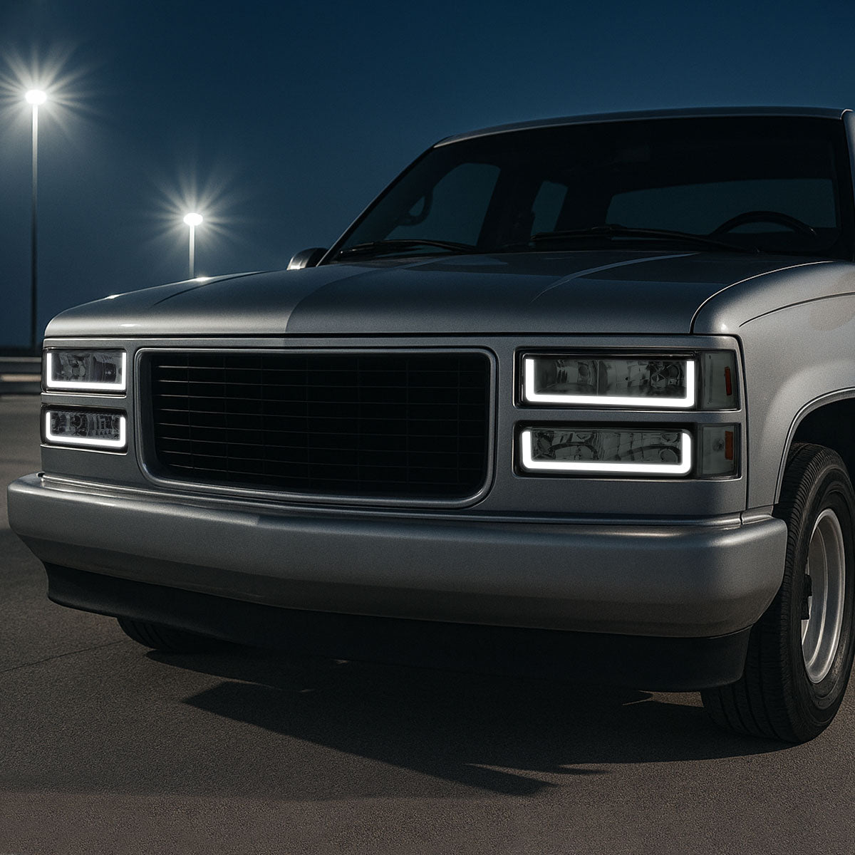 1994-1998 GMC C10/Sierra/Suburban/Yukon Factory Style Headlights w/LED Strip and Bumper & Corner Lights (Chrome Housing/Smoked Lens)