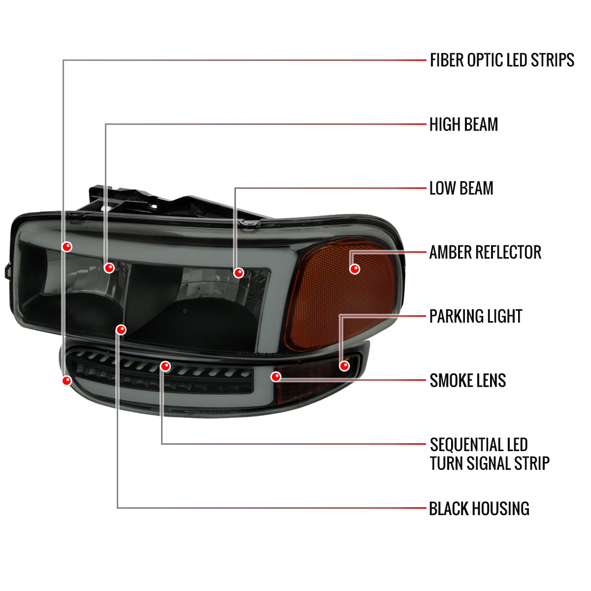 1999-2006 GMC Sierra Denali/2007 Sierra Classic Denali/2000-2006 Yukon/XL Denali Factory Style Headlights with LED Sequential Turn Signal Bumper Lights (Matte Black Housing/Smoked Lens)