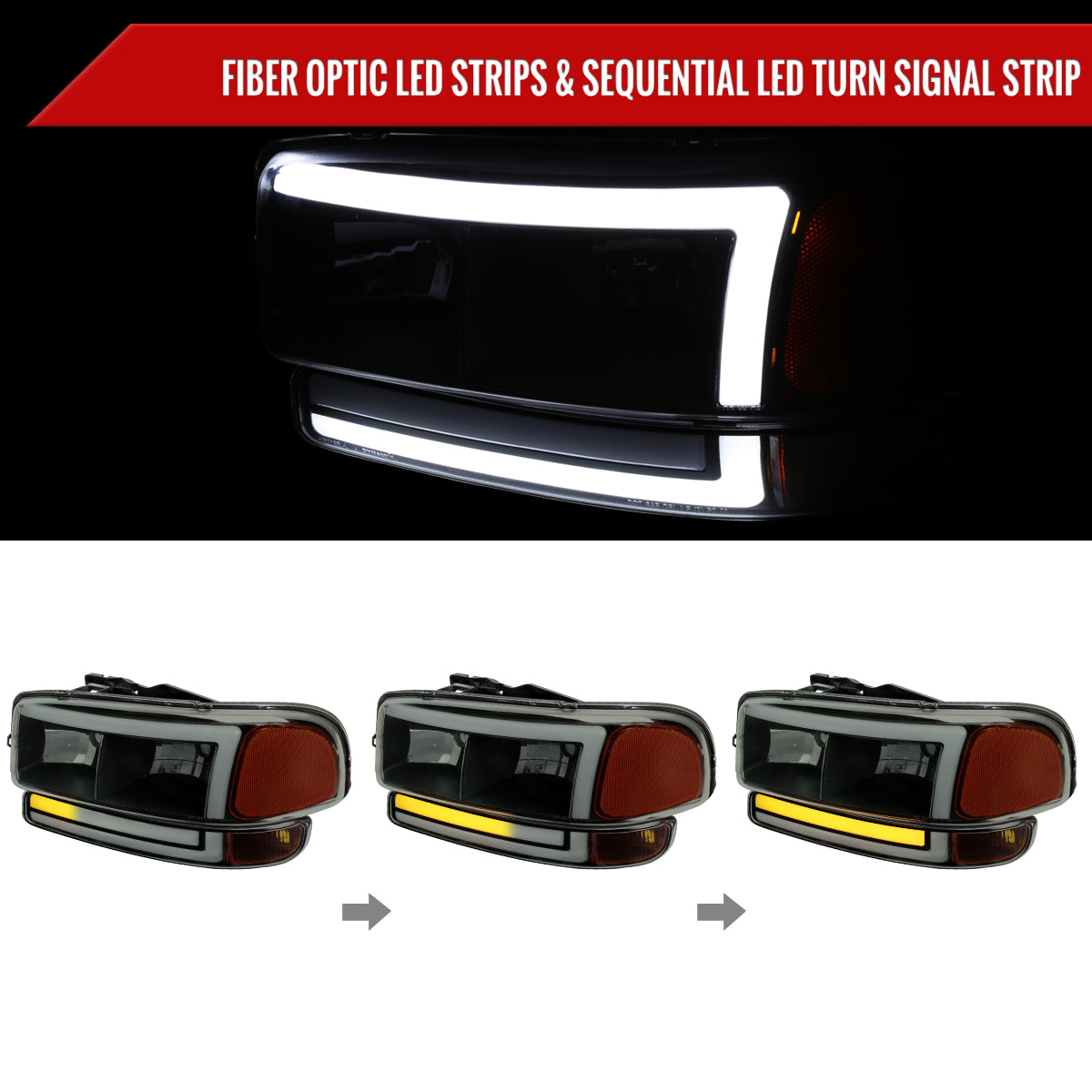 1999-2006 GMC Sierra/2007 Sierra Classic/2000-2006 Yukon/XL Factory Style Headlights and Sequential Turn Signal Bumper Lights (Matte Black Housing/Smoked Lens)