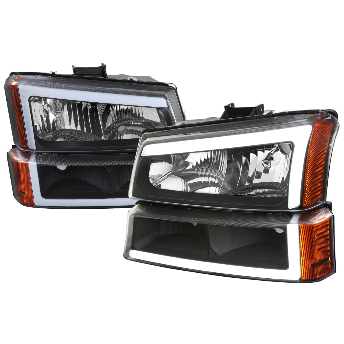 2002-2006 Chevrolet Avalanche/ 2003-2007 Silverado LED Bar Factory Style Headlights & Bumper Lights (Matte Black Housing/Clear Lens)