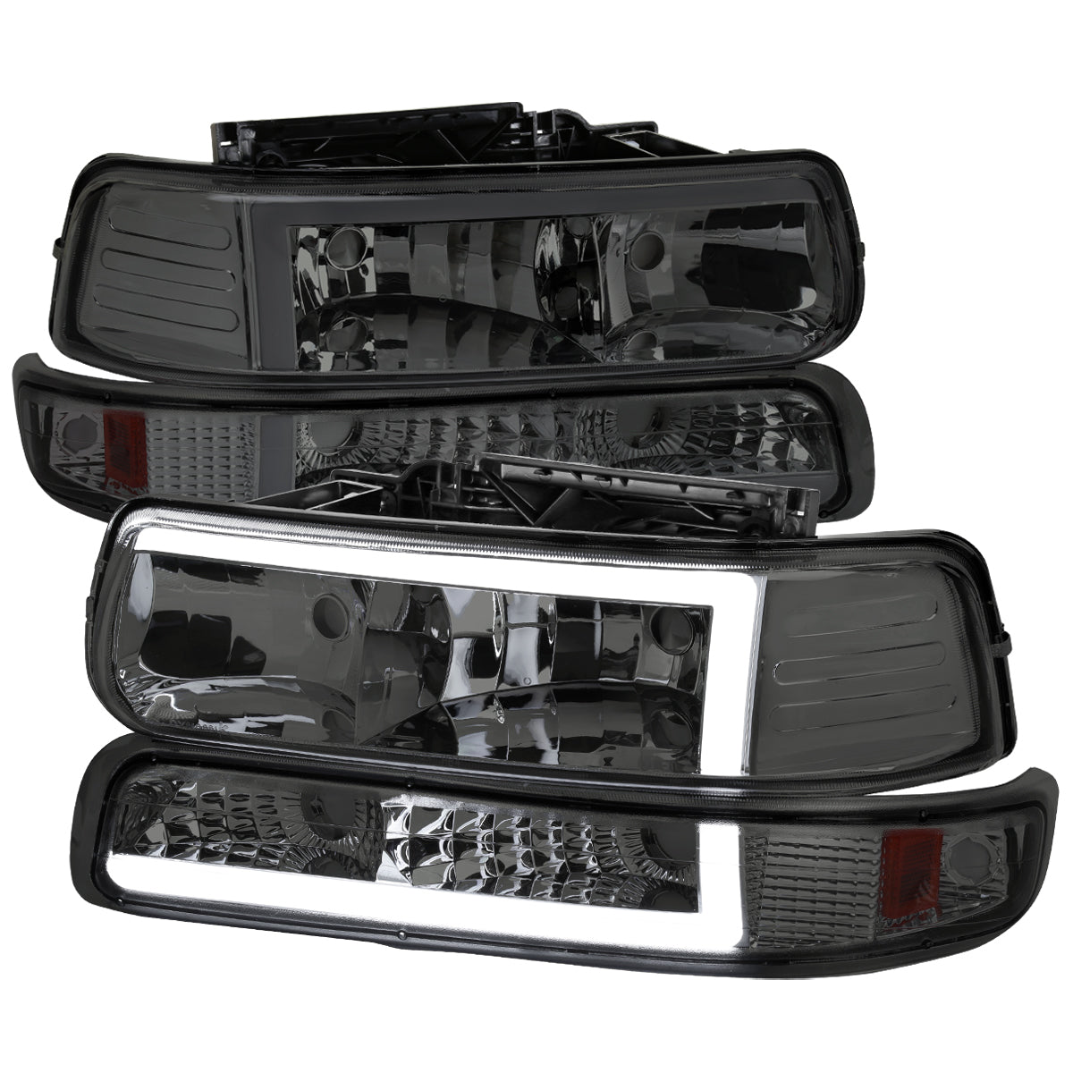 1999-2002 Chevrolet Silverado 1500 2500 / 2000-2006 Tahoe Suburban LED Bar Factory Style Headlights & Bumper Lights w/ Amber Reflector (Chrome Housing/Smoked Lens)