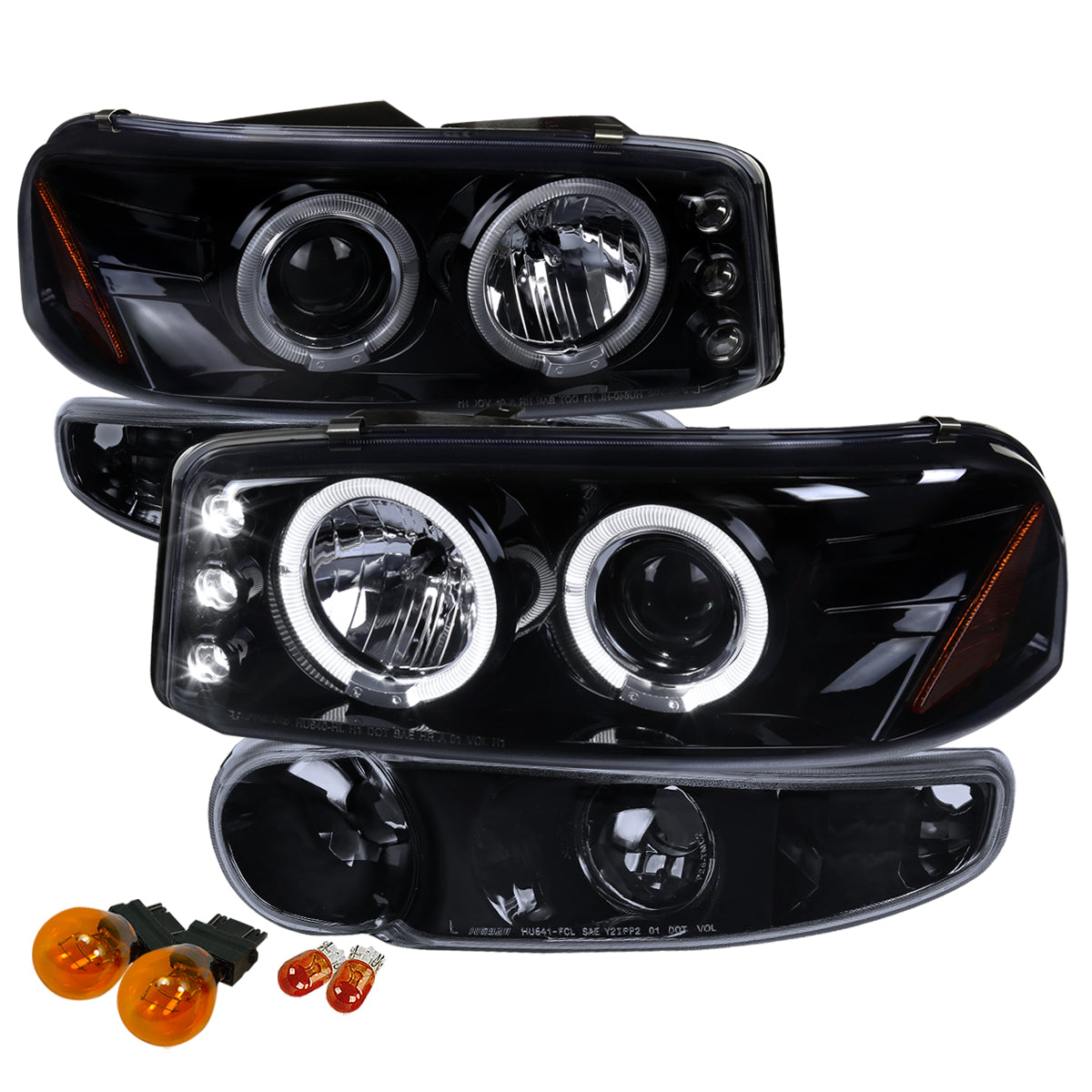 2001-2006 GMC Yukon + XL Denali/ 2002-2006 GMC Sierra Denali Dual Halo Projector Headlights w/ Bumper Lights (Glossy Black Housing/Smoked Lens)