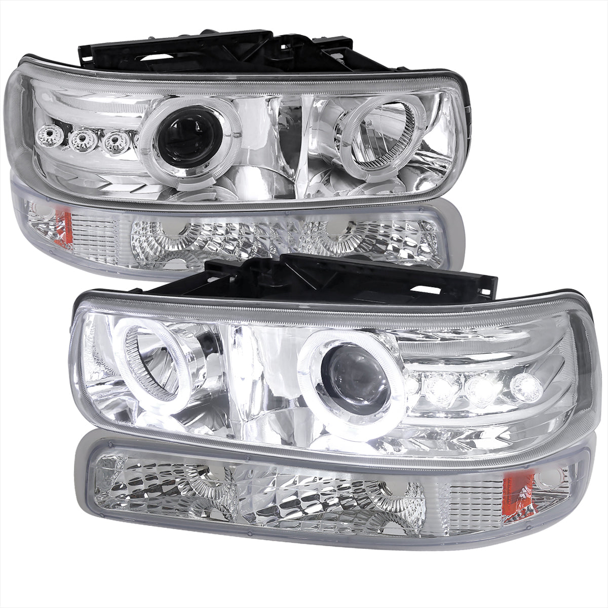 1999-2002 Chevrolet Silverado/ 2000-2006 Tahoe Suburban Dual Halo Projector Headlights w/ Bumper Lights (Chrome Housing/Clear Lens)
