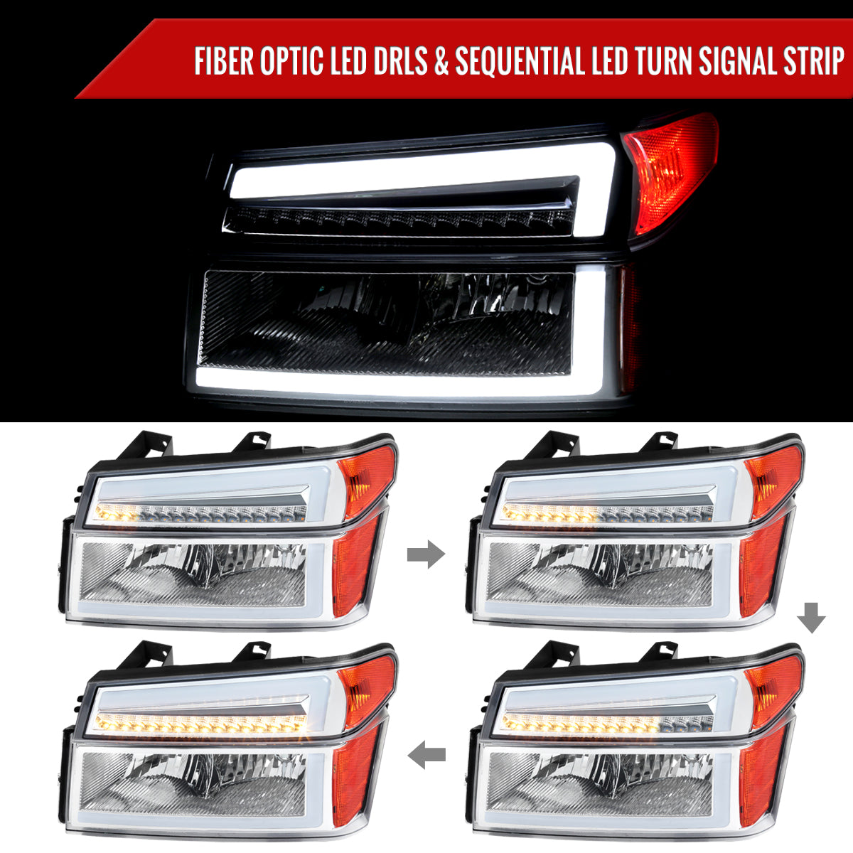 2004-2012 Chevrolet Colorado GMC Canyon/2006-2008 ISUZU I-Series Sequential Turn Signal Factory Style Headlights with LED Bar (Chrome Housing/Clear Lens)