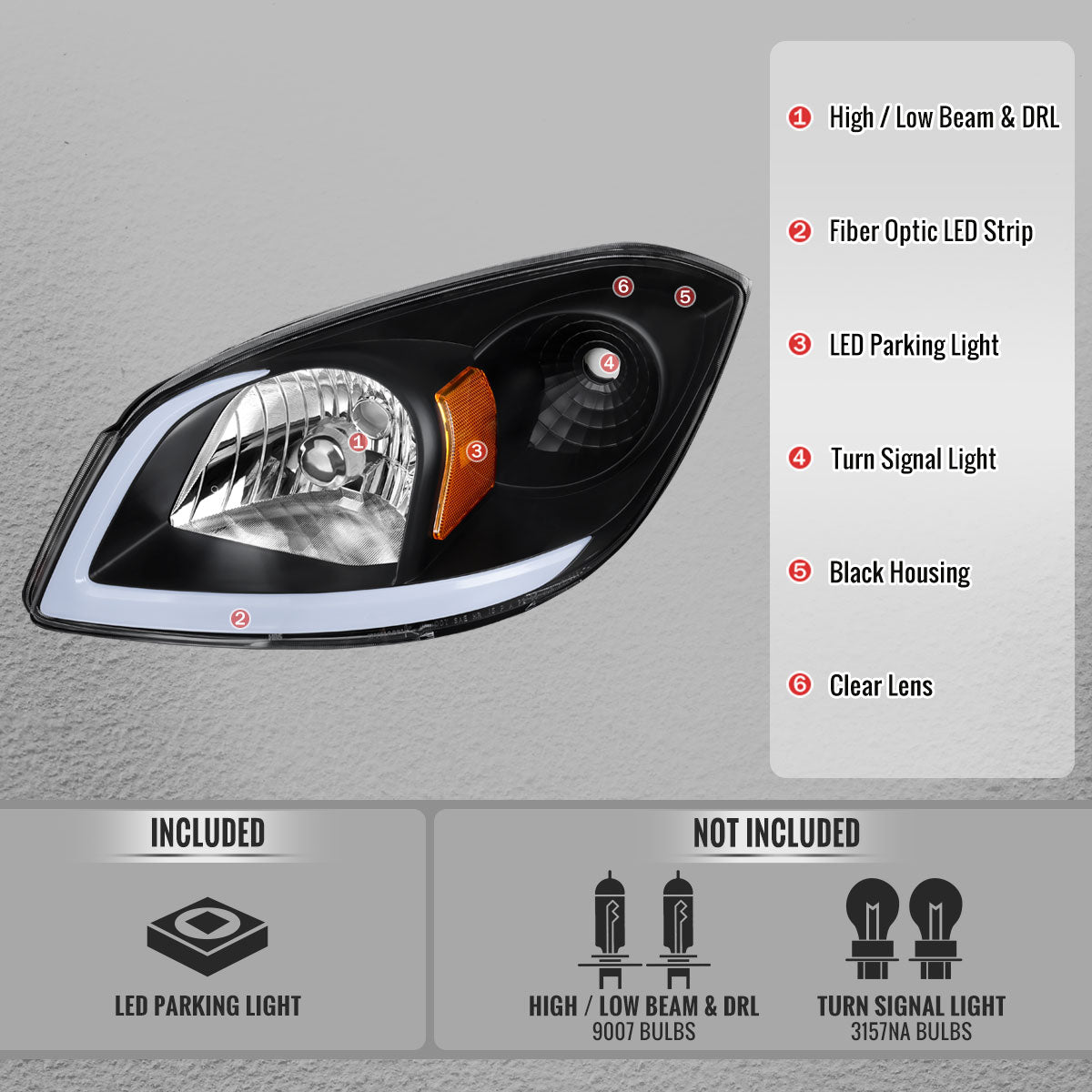2005â€“2010 Chevrolet Cobalt Pontiac G5 / Pursuit LED Bar Projector Headlights w/ LED DRL Light Tube (Black Housing / Clear Lens)