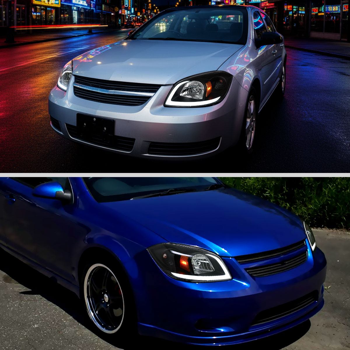 2005â€“2010 Chevrolet Cobalt Pontiac G5 / Pursuit LED Bar Projector Headlights w/ LED DRL Light Tube (Black Housing / Clear Lens)