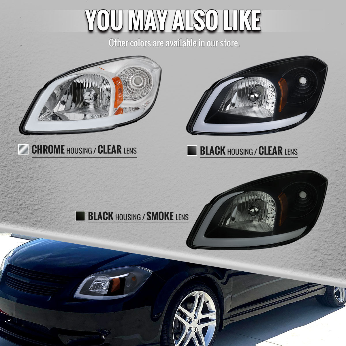 2005â€“2010 Chevrolet Cobalt Pontiac G5 / Pursuit Factory Style Headlights w/ LED DRL Light Strip (Black Housing / Smoked Lens)