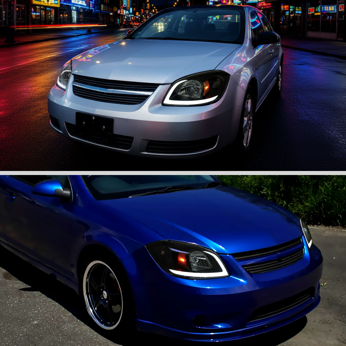 2005â€“2010 Chevrolet Cobalt Pontiac G5 / Pursuit Factory Style Headlights w/ LED DRL Light Strip (Black Housing / Smoked Lens)