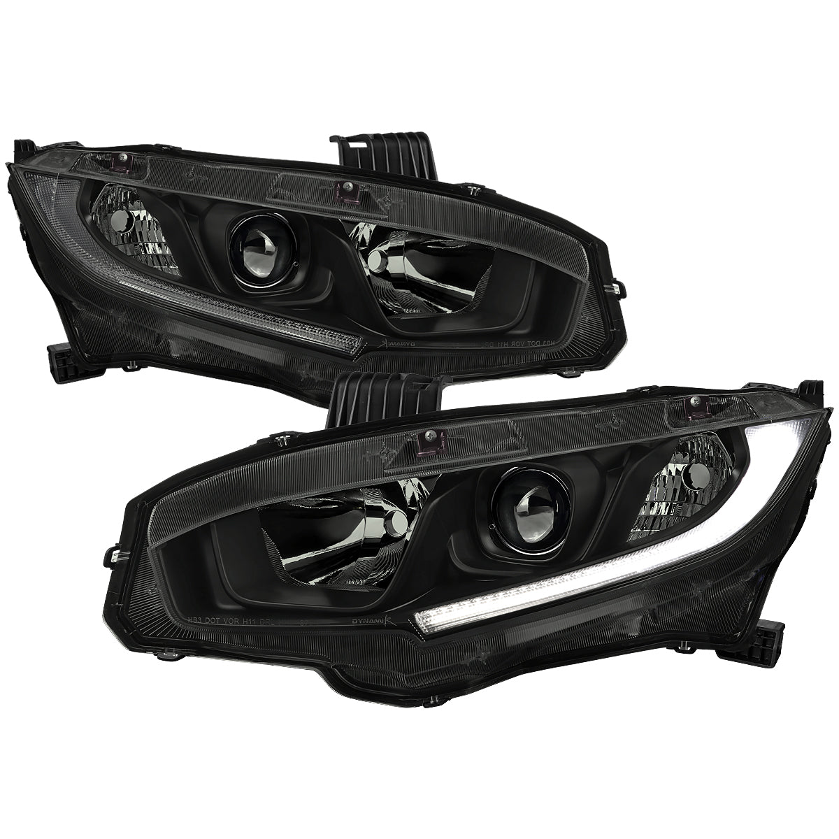 2016-2021 Honda Civic LED Strip Factory Style Projector Headlights (Matte Black Housing/Smoked Lens)